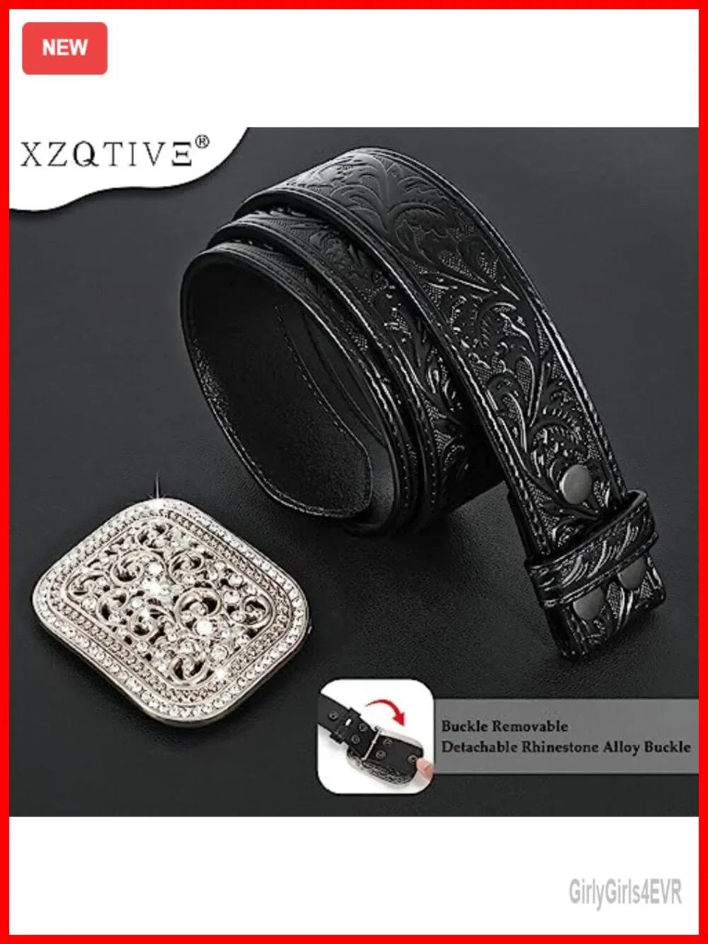 Genuine Leather Western Belt with Silver Diamond Buckle, Unisex Cowgirl Cowboy